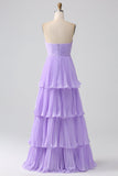 Strapless A-Line Lilac Pleated Chiffon Plus Size Long Bridesmaid Dress with Ruffles