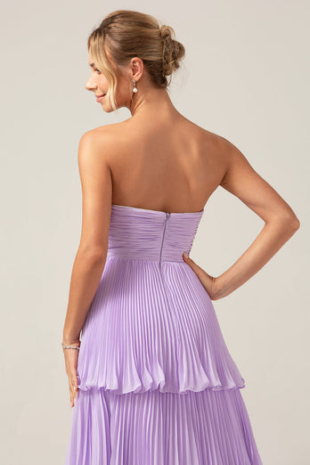 A-Line Sweetheart Tiered Chiffon Long Lilac Bridesmaid Dress with Pleated