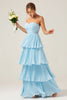 Load image into Gallery viewer, Sky Blue Sweetheart Pleated Tiered Long Bridesmaid Dress