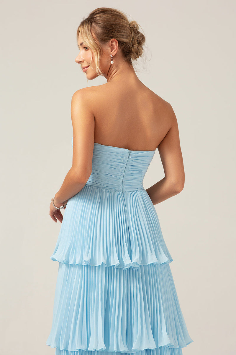 Load image into Gallery viewer, Sky Blue Sweetheart Pleated Tiered Long Bridesmaid Dress