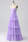 Strapless A-Line Lilac Pleated Chiffon Plus Size Long Bridesmaid Dress with Ruffles