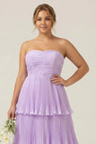Strapless A-Line Lilac Pleated Chiffon Plus Size Long Bridesmaid Dress with Ruffles