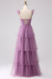 A Line Spaghetti Straps Long Tulle Eucalyptus Bridesmaid Dress
