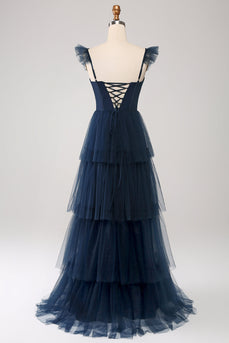 Navy Tulle A Line Tiered Corset Bridesmaid Dress with Slit