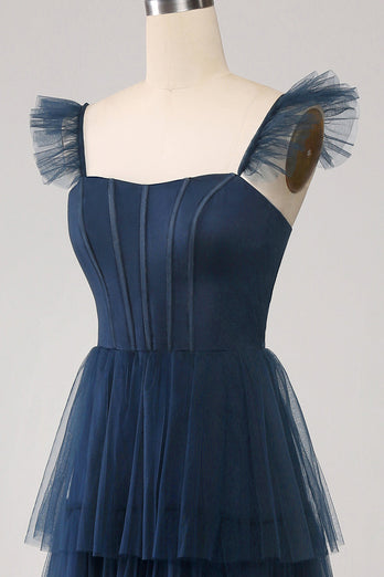Navy Tulle A Line Tiered Corset Bridesmaid Dress with Slit
