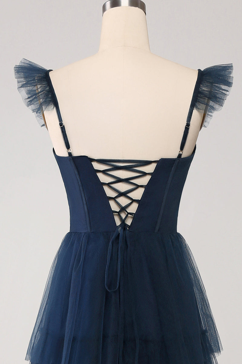 Load image into Gallery viewer, Navy Tulle A Line Tiered Corset Bridesmaid Dress with Slit