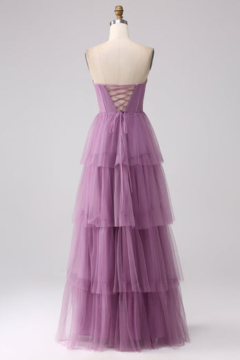 Purple A Line Tulle Tiered Pleated Long Prom Dress with Slit