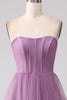 Load image into Gallery viewer, Purple A Line Tulle Tiered Pleated Long Prom Dress with Slit