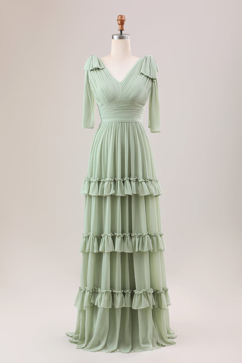 Load image into Gallery viewer, Dusty Sage A Line Chiffon Bridesmaid Dress with Ruffles