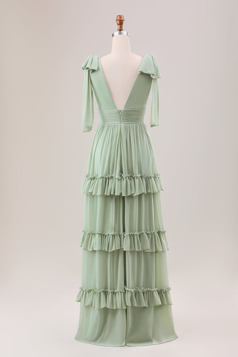 Load image into Gallery viewer, Dusty Sage A Line Chiffon Bridesmaid Dress with Ruffles