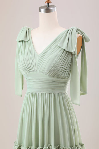 Dusty Sage A Line Chiffon Bridesmaid Dress with Ruffles