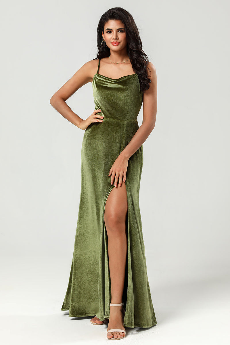 Load image into Gallery viewer, Velvet A Line Green Bridesmaid Dress with Slit