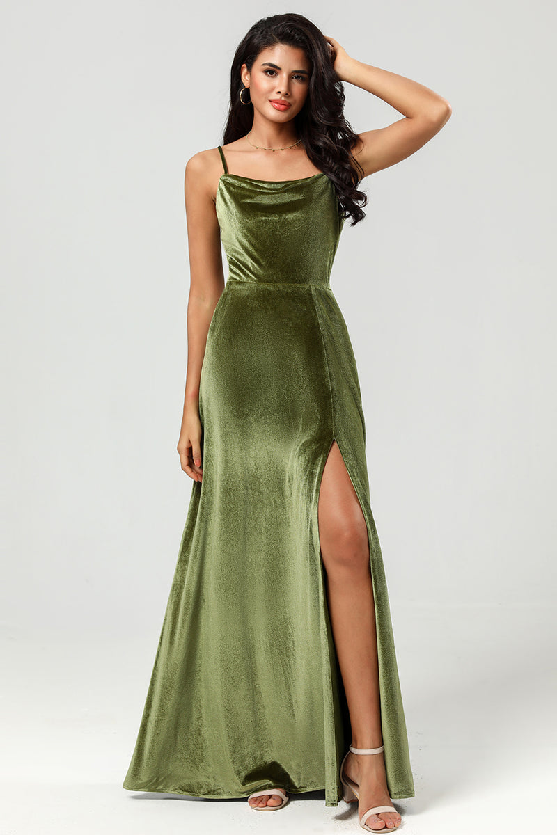 Load image into Gallery viewer, Velvet A Line Green Bridesmaid Dress with Slit