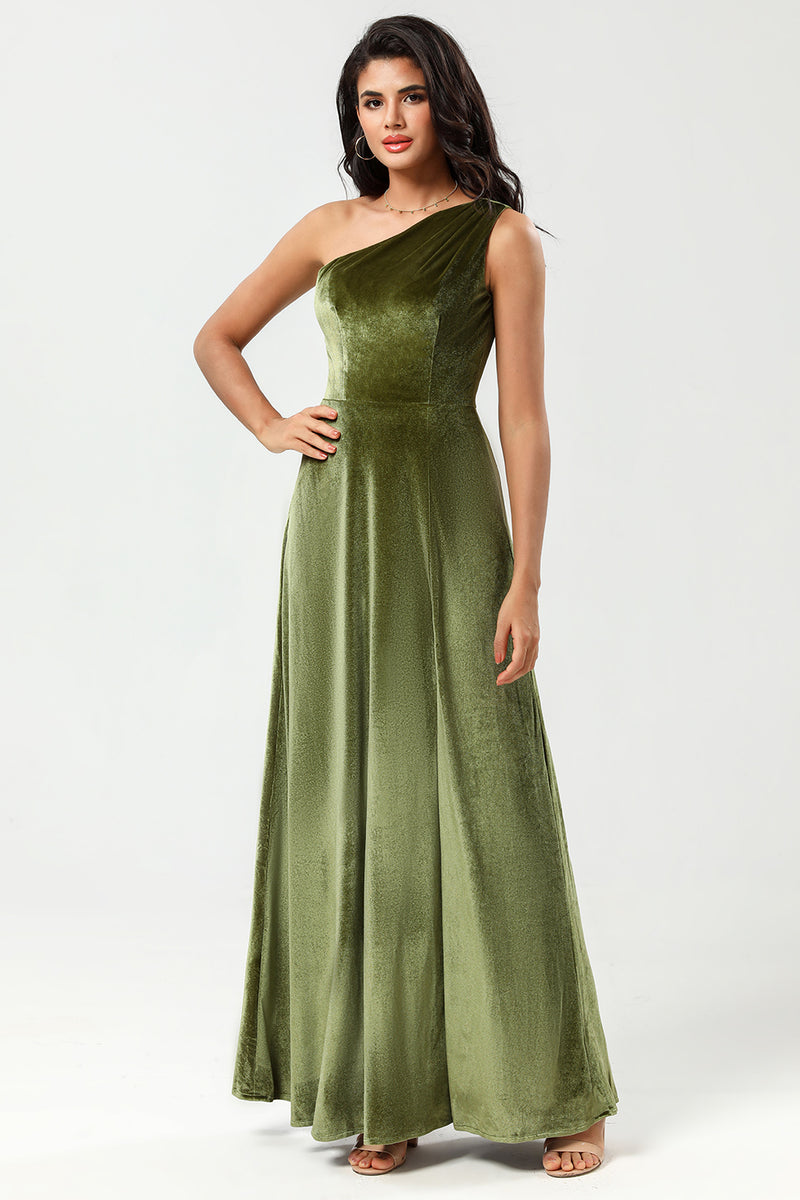 Load image into Gallery viewer, One Shoulder A Line Velvet Green Bridesmaid Dress with Slit