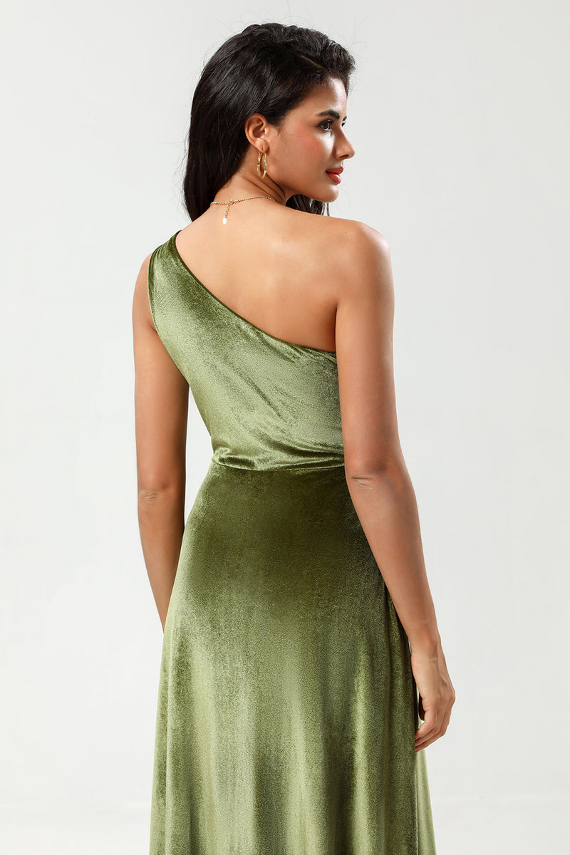 Load image into Gallery viewer, One Shoulder A Line Velvet Green Bridesmaid Dress with Slit