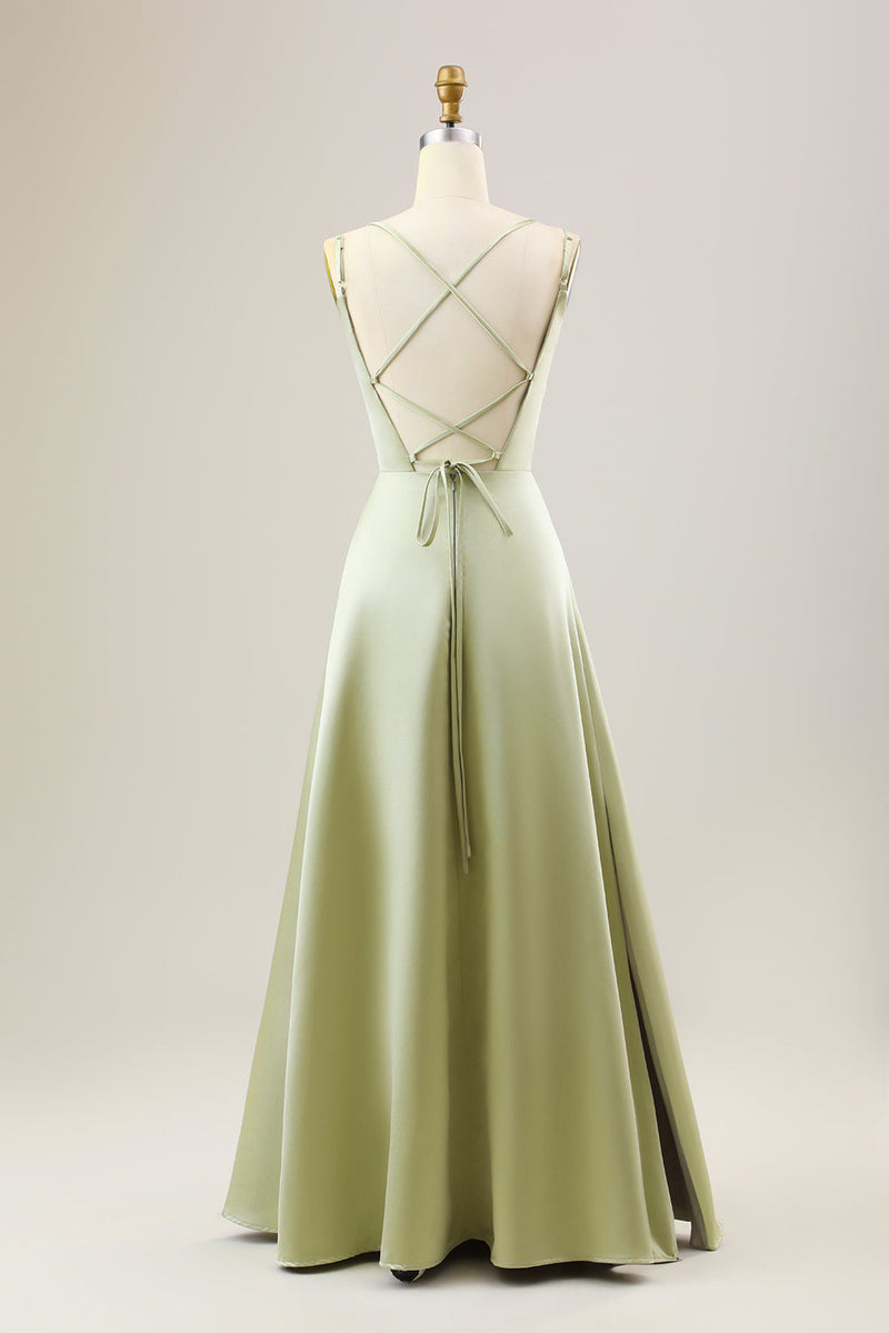 Load image into Gallery viewer, Dusty Sage A Line Spaghetti Straps Long Satin Bridesmaid Dress