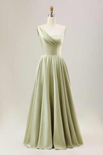 Dusty Sage A Line One Shoulder Long Satin Pleated Bridesmaid Dress