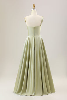 Dusty Sage A Line One Shoulder Long Satin Pleated Bridesmaid Dress