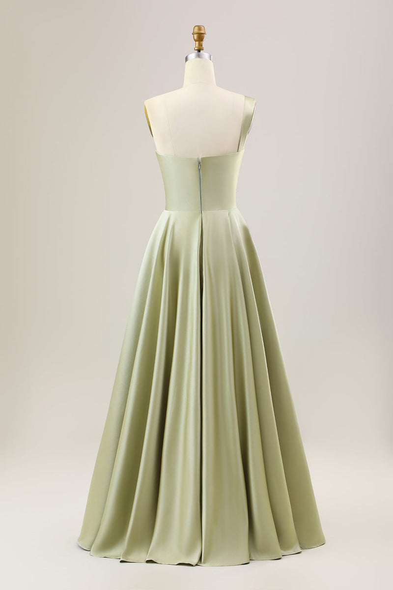 Load image into Gallery viewer, Dusty Sage A Line One Shoulder Long Satin Pleated Bridesmaid Dress