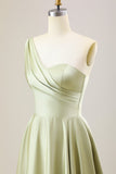 Dusty Sage A Line One Shoulder Long Satin Pleated Bridesmaid Dress