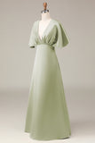 Dusty Sage A-line Satin V-Neck Choir Dress with Flutter Sleeves