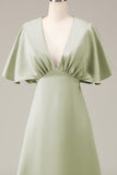 Dusty Sage A-line Satin V-Neck Choir Dress with Flutter Sleeves
