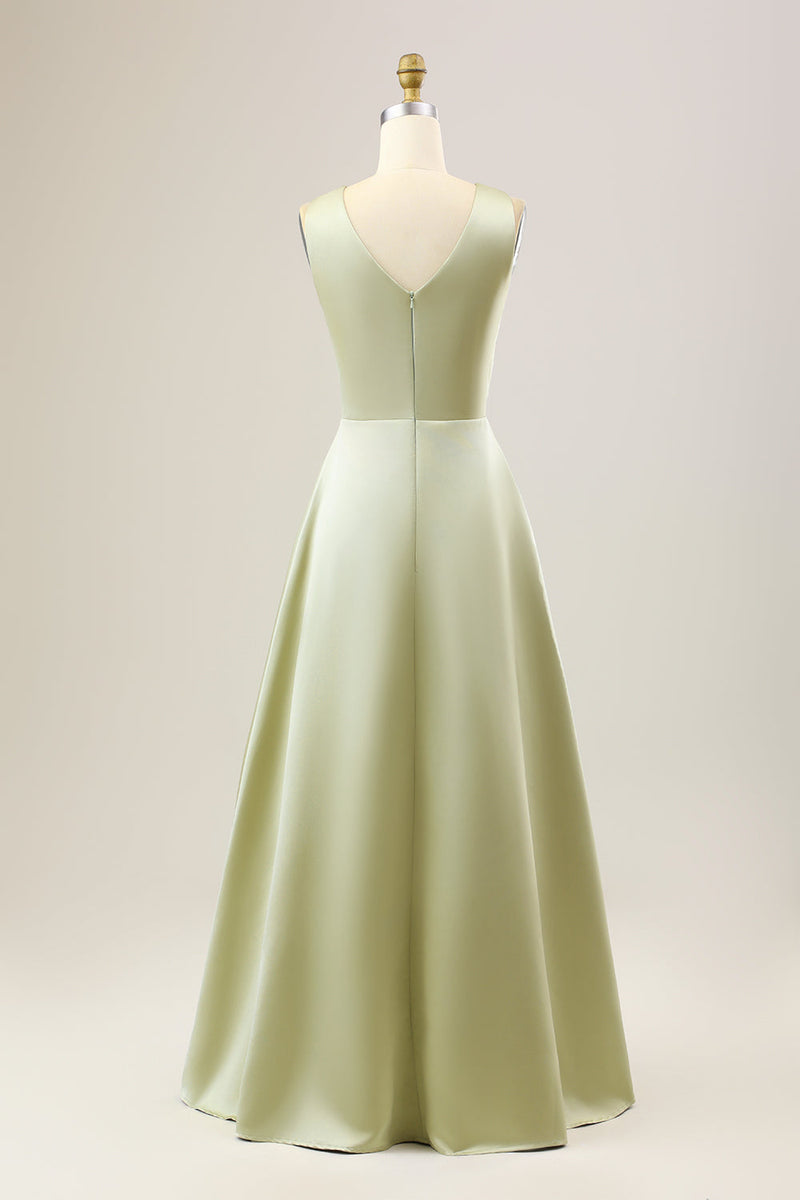 Load image into Gallery viewer, Dusty Sage A Line Long Satin Bridesmaid Dress