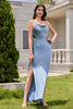 Load image into Gallery viewer, Dusty Blue Sheath Spaghetti Straps Backless Satin Long Bridesmaid Dress