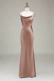 Dusty Blue Sheath Spaghetti Straps Backless Satin Long Bridesmaid Dress