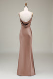 Dusty Blue Sheath Spaghetti Straps Backless Satin Long Bridesmaid Dress