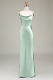 Dusty Blue Sheath Spaghetti Straps Backless Satin Long Bridesmaid Dress