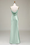 Dusty Blue Sheath Spaghetti Straps Backless Satin Long Bridesmaid Dress