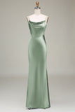 Dusty Blue Sheath Spaghetti Straps Backless Satin Long Bridesmaid Dress