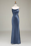 Dusty Blue Sheath Spaghetti Straps Backless Satin Long Bridesmaid Dress