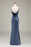 Dusty Blue Sheath Spaghetti Straps Backless Satin Long Bridesmaid Dress