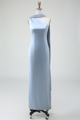 Blue Sheath One Shoulder Satin Long Bridesmaid Dress