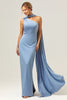 Load image into Gallery viewer, Blue Sheath One Shoulder Satin Long Bridesmaid Dress