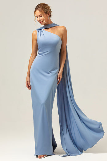 Blue Sheath One Shoulder Satin Long Bridesmaid Dress