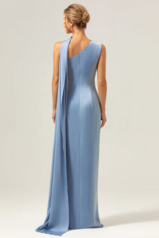 Sheath One Shoulder Satin Long Blue Bridesmaid Dress