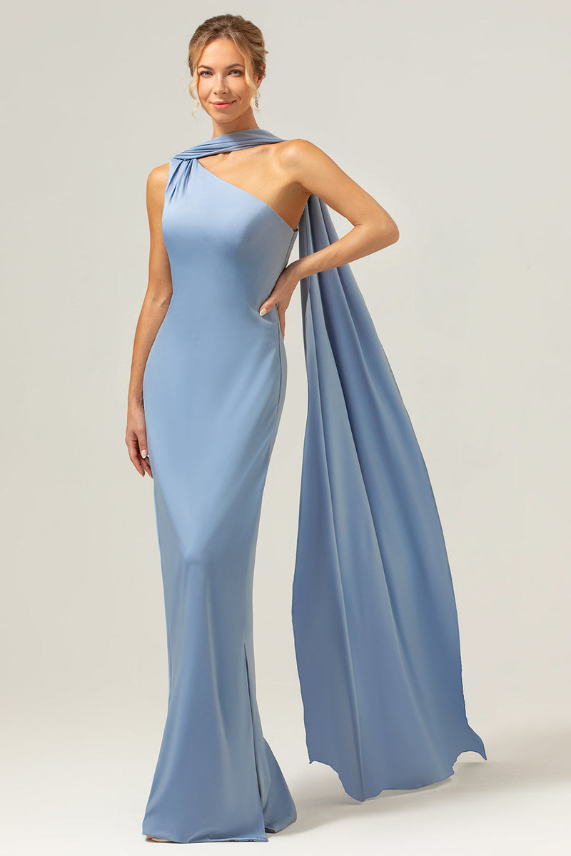 Load image into Gallery viewer, Sheath One Shoulder Satin Long Blue Bridesmaid Dress