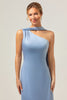 Load image into Gallery viewer, Sheath One Shoulder Satin Long Blue Bridesmaid Dress