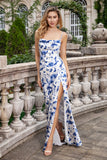 Blue Sheath Spaghetti Straps Lace-up Back Long Bridesmaid Dress with Slit