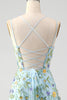 Load image into Gallery viewer, Blue Flower A Line Spaghetti Straps Corset Embroidered Prom Dress with Slit