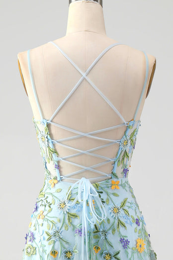 Blue Flower A Line Spaghetti Straps Corset Embroidered Prom Dress with Slit