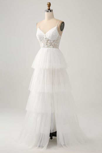 Ivory A-Line Tulle Tiered Corset Long Wedding Dress with Slit