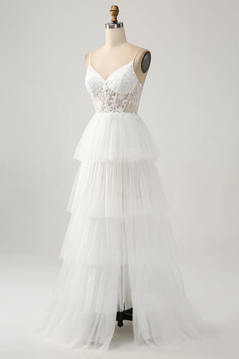 Load image into Gallery viewer, Ivory A-Line Tulle Tiered Corset Long Wedding Dress with Slit