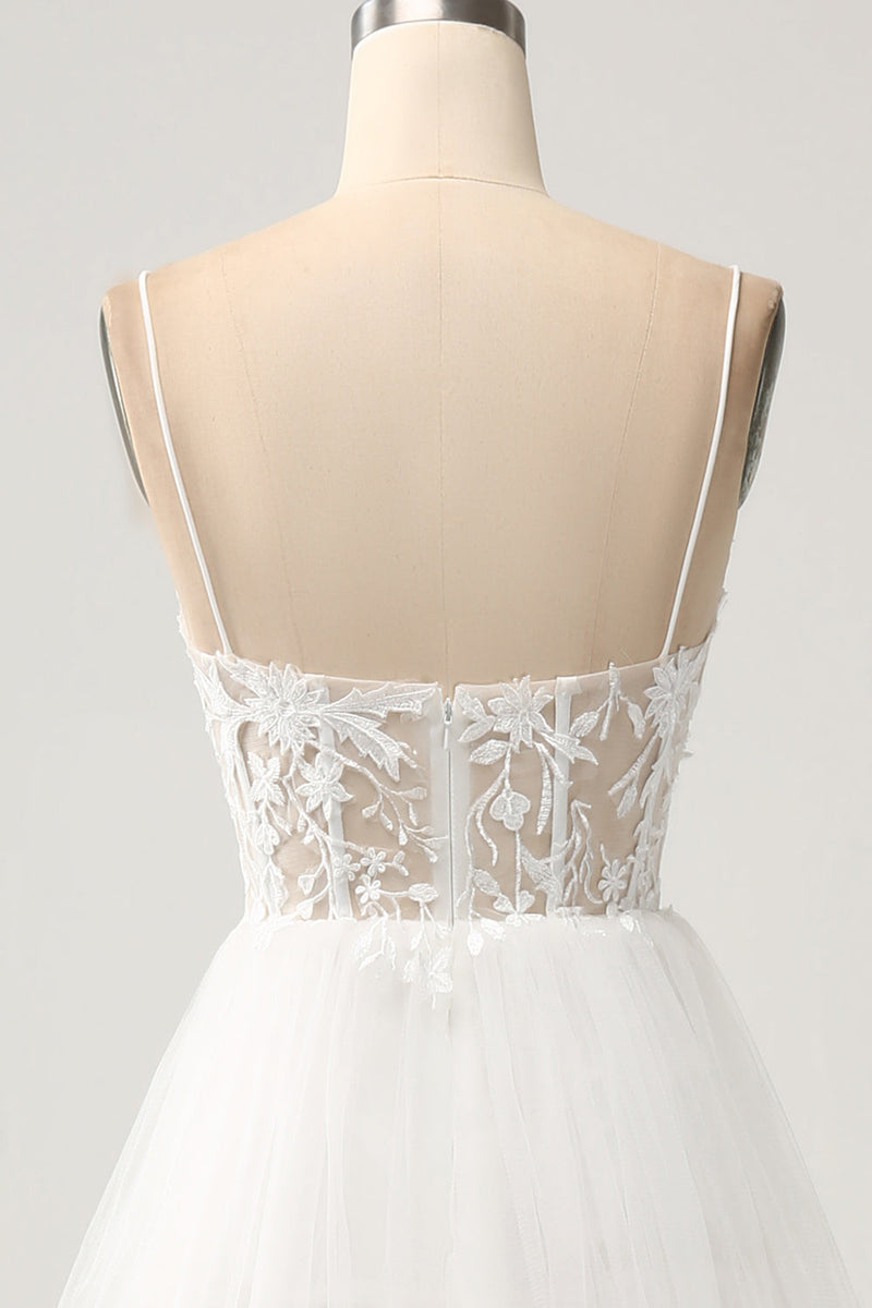 Load image into Gallery viewer, Ivory A-Line Tulle Tiered Corset Long Wedding Dress with Slit