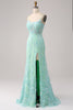 Load image into Gallery viewer, Green Mermaid Spaghetti Straps Sequins Long Prom Dress with Slit