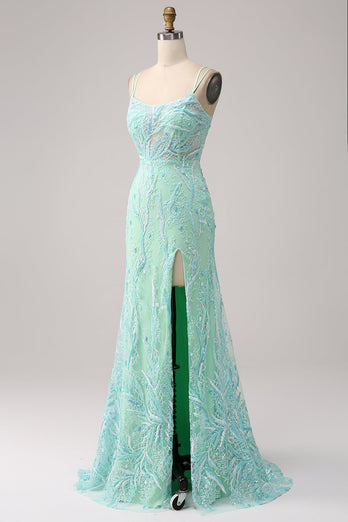 Green Mermaid Spaghetti Straps Sequins Long Prom Dress with Slit