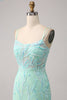 Load image into Gallery viewer, Green Mermaid Spaghetti Straps Sequins Long Prom Dress with Slit